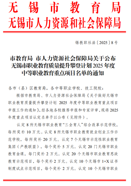 喜報(bào)：我校多個(gè)項(xiàng)目入選無錫市職業(yè)教育質(zhì)量提升攀登計(jì)劃2025年度重點(diǎn)項(xiàng)目